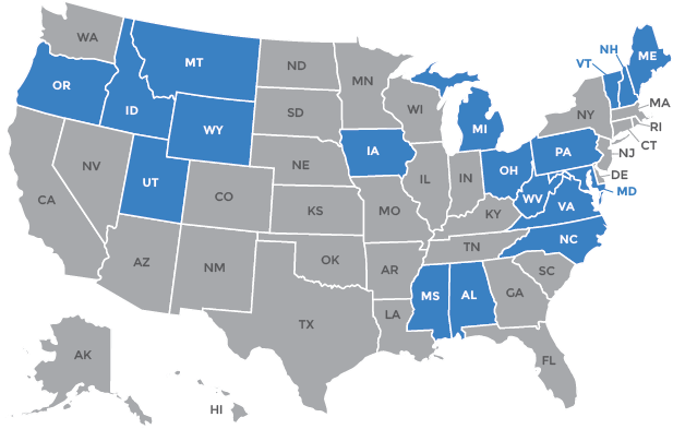 U.S. map with control states highlighted