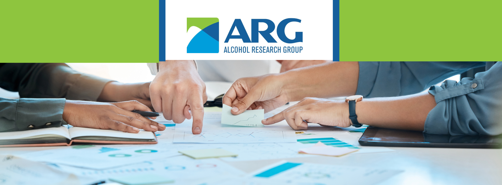 Slider of ARG with logo and research image of hands.